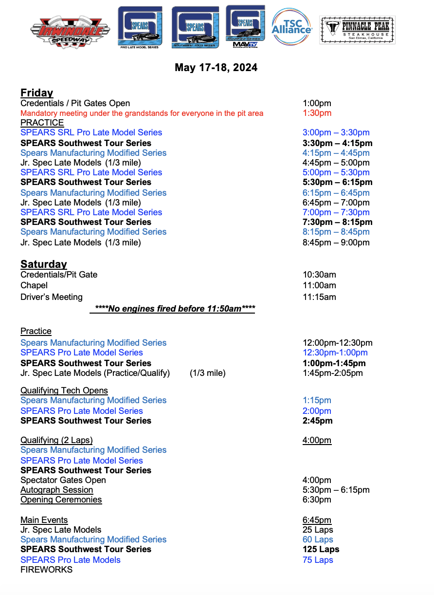 Irwindale Event Schedule SRL Southwest Tour